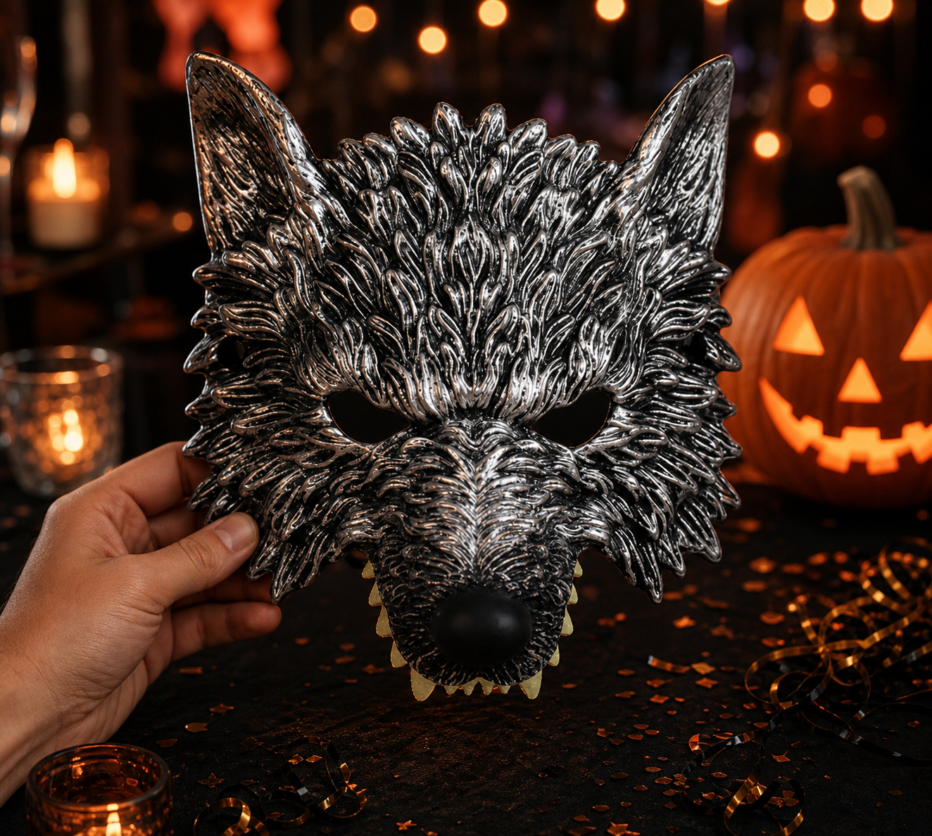 1pc Halloween Wolf Mask, Realistic Full-Face Silver & Black Werewolf Design for Cosplay Party
