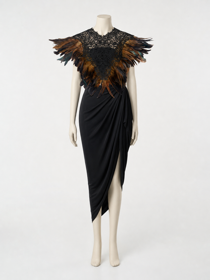 Black lace feather cape with brown and black layered feathers, displayed on a full mannequin over a draped black dress