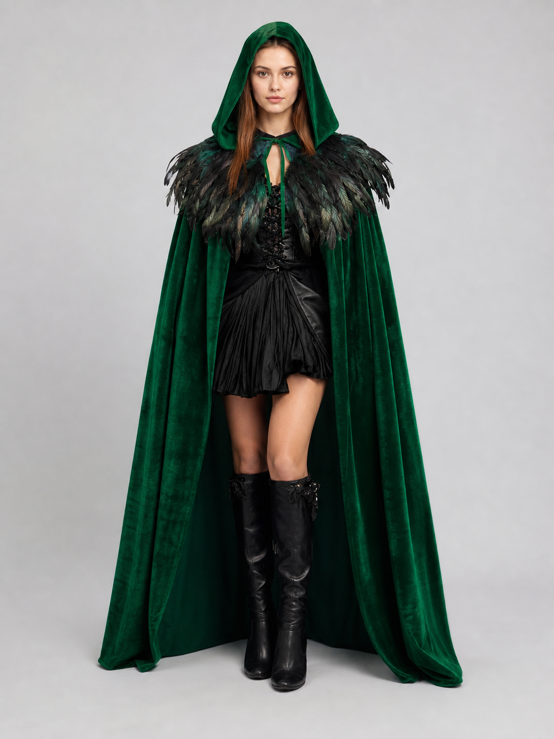 Green Hooded Velvet Feather Cape
