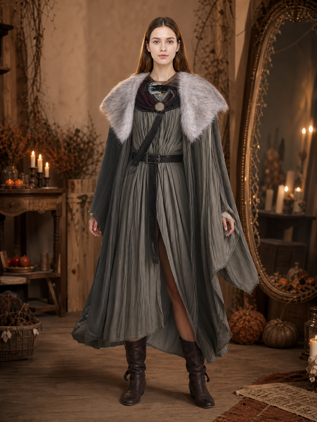 Adult Viking Cape Costume, Fluffy Gray-White Shoulder Edge, Gold Emblem & Button on-model view