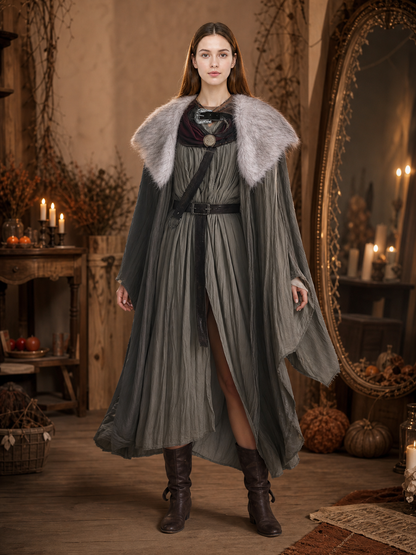 Adult Viking Cape Costume, Fluffy Gray-White Shoulder Edge, Gold Emblem & Button on-model view