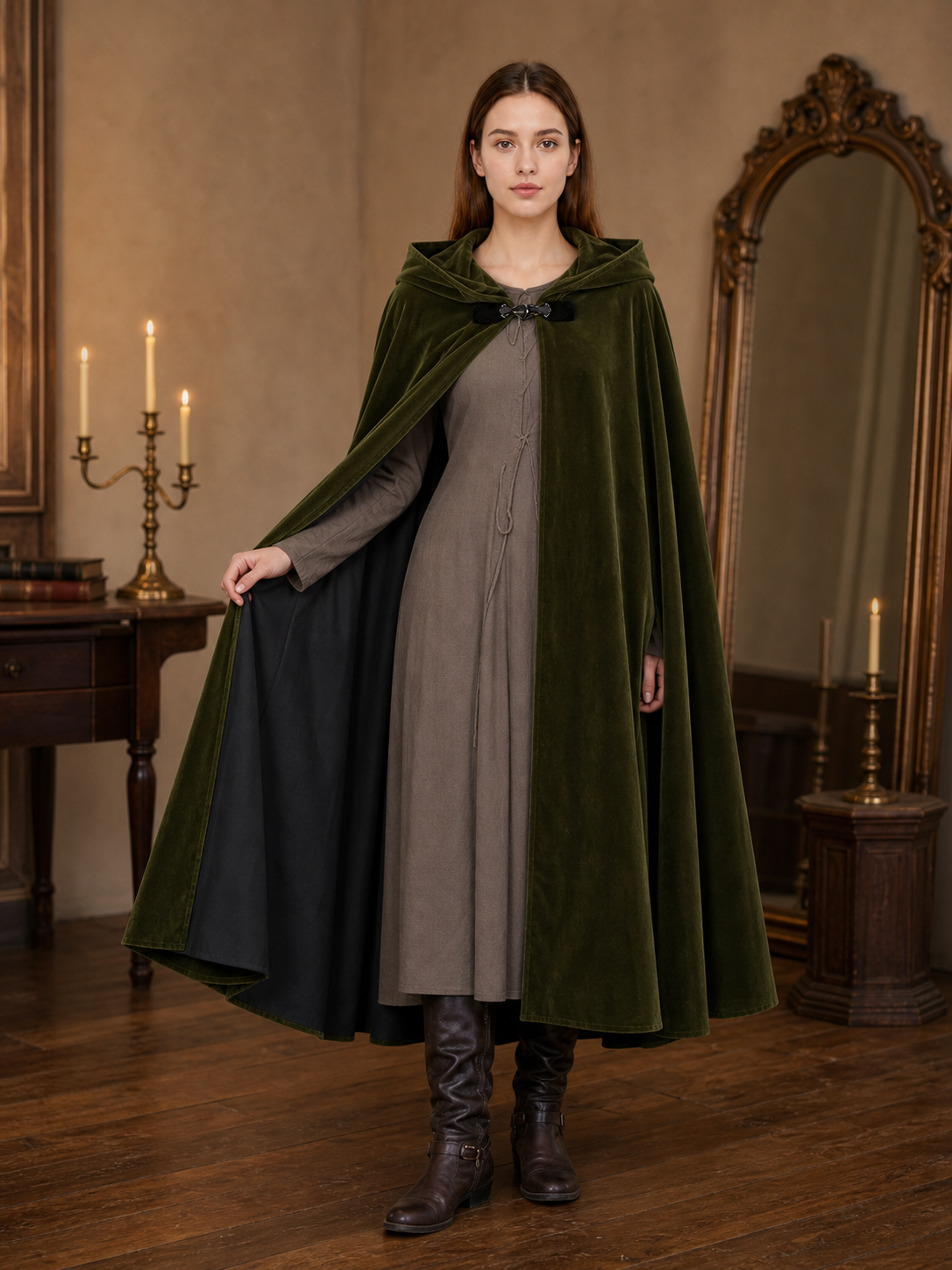 Medieval Fantasy Long Hooded Cape with Oversized Hood, Velvety-Look Green Exterior and Black Lining for Cosplay Events