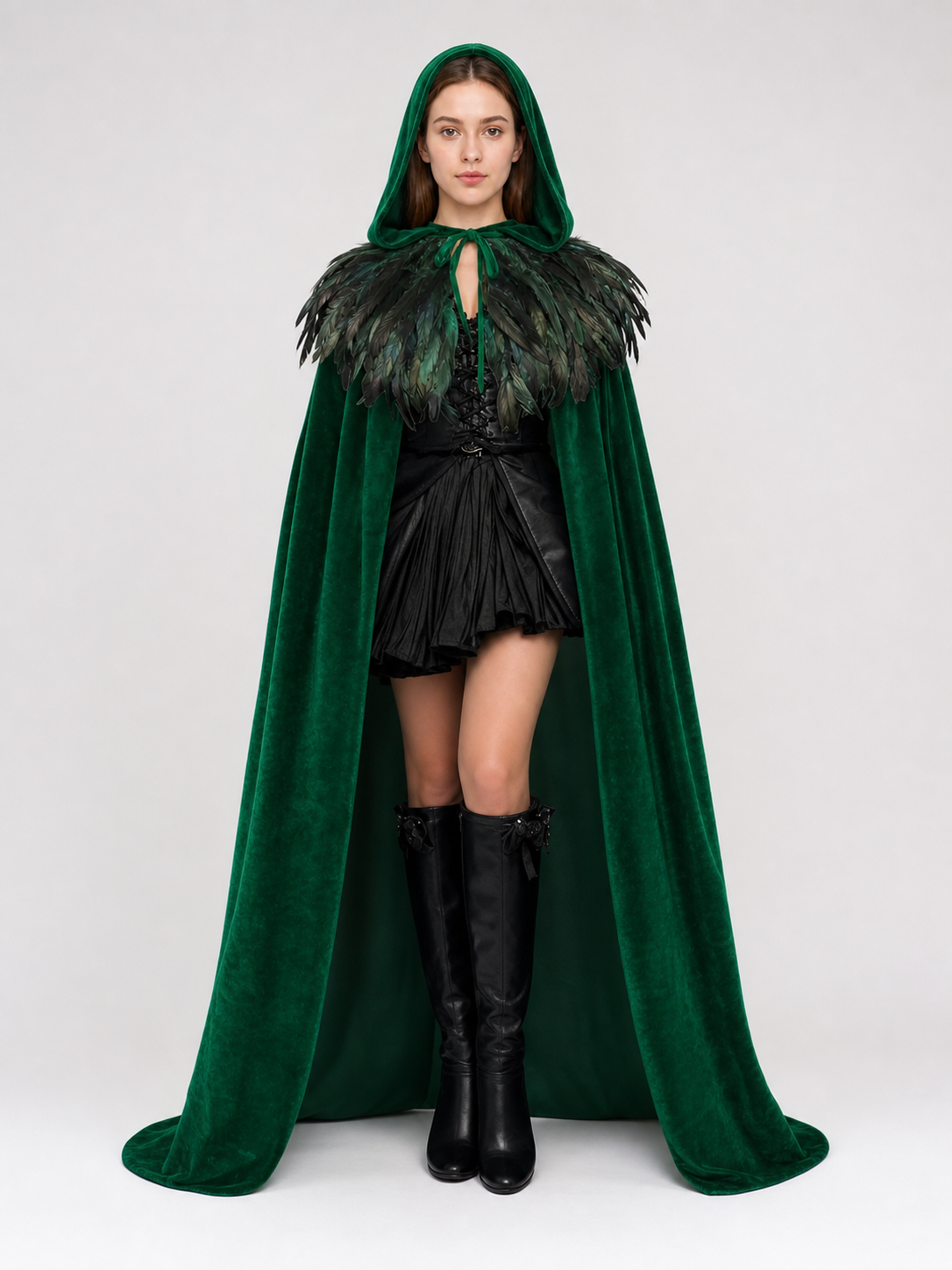 Green Hooded Velvet Feather Cape