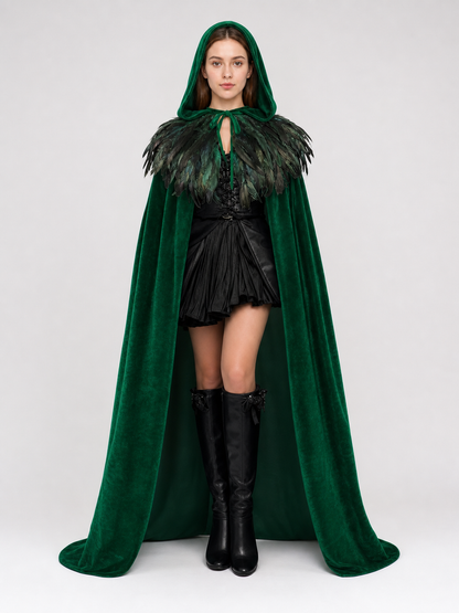 Green Hooded Velvet Feather Cape
