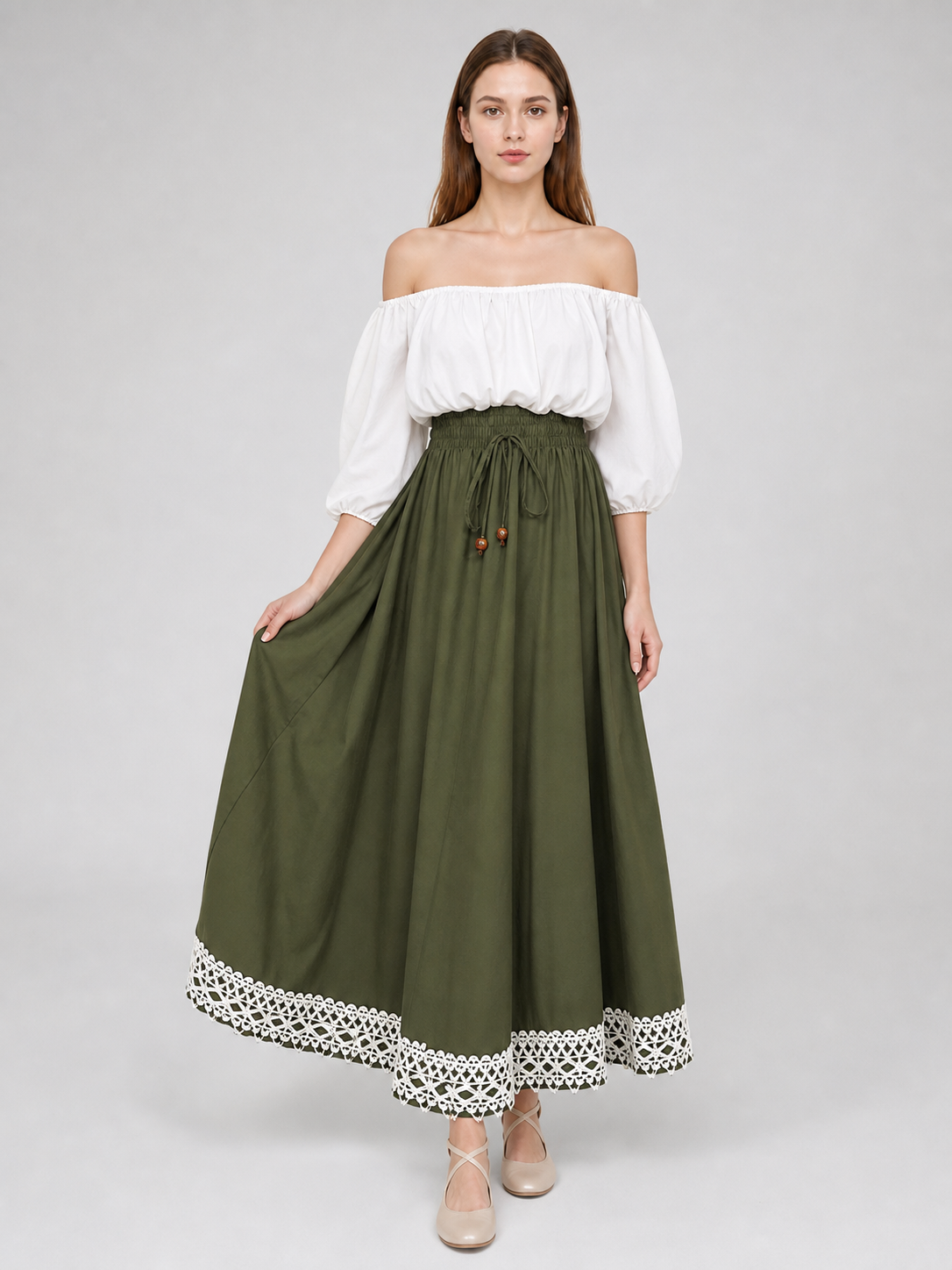 Long olive A-line skirt with lace