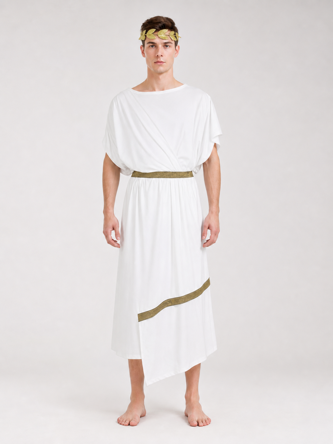 Adult Men's Ancient Greek Costume Set, 3pcs Draped Robe With Gold Trim, Waist Belt And Laurel Wreath For Cosplay Theme Parties