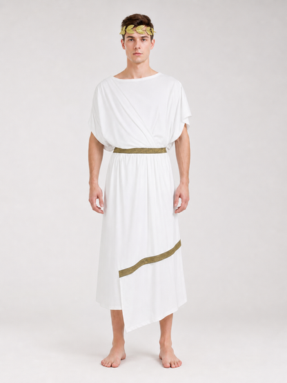 Adult Men's Ancient Greek Costume Set, 3pcs Draped Robe With Gold Trim, Waist Belt And Laurel Wreath For Cosplay Theme Parties
