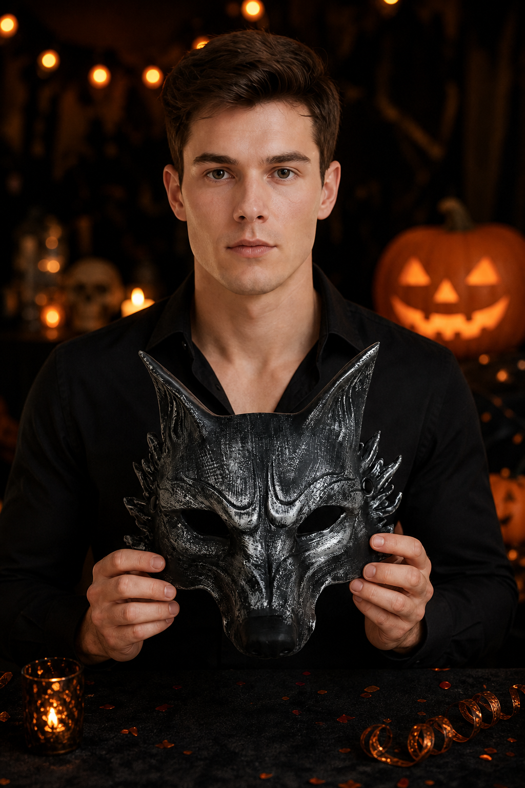 1pc Halloween Wolf Mask, Full Face Werewolf Style with Pointed Ears, Cosplay Party