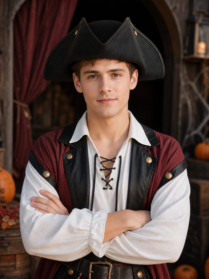 Classic Pirate Hat for Kids, Wide Tricorn Pirate Captain Hat with Raised Pointed Sides and Gold-Colored Accents for Halloween Costume, Dress-Up Play and Themed Parties