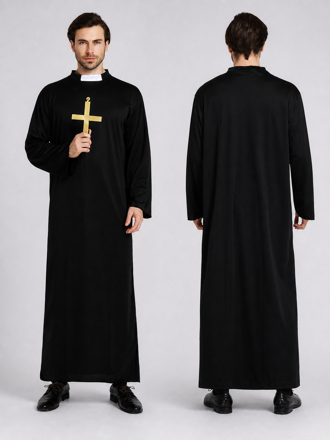 Halloween priest costume, black robe with collar