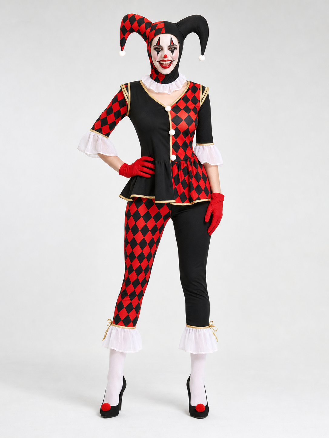 Halloween Harlequin Clown Costume with Hat
