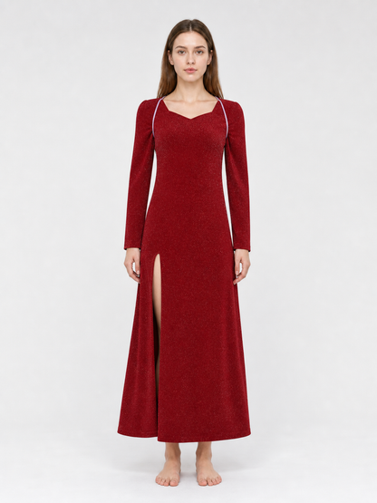 Shrek Costume: Red Long-Sleeve Maxi Dress on-model view