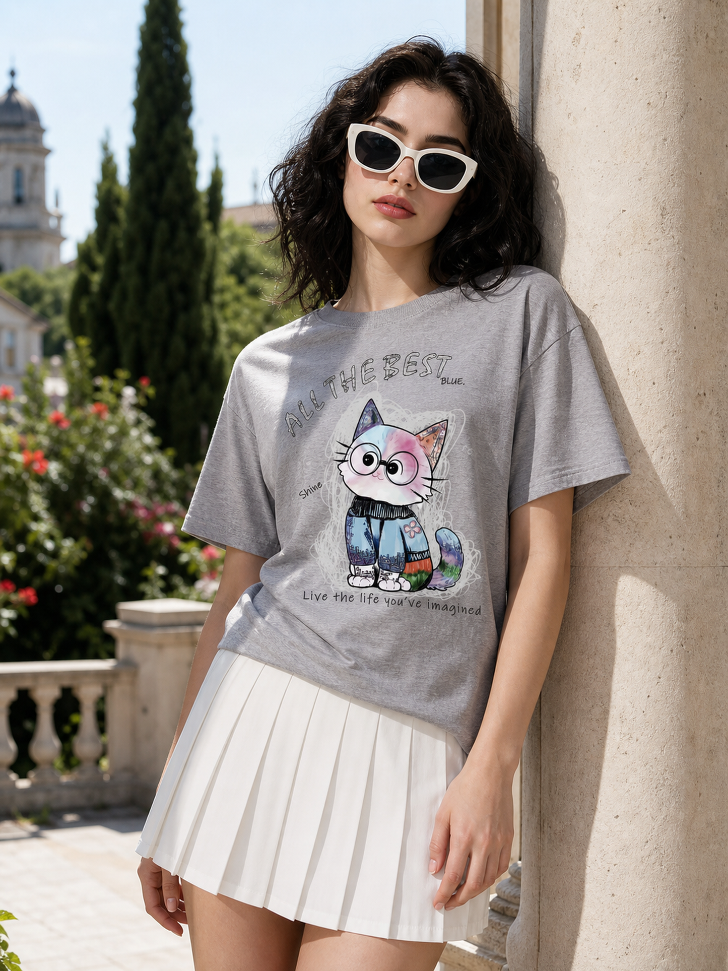 Women's Cat Print T-Shirt, Knit, Relaxed Fit
