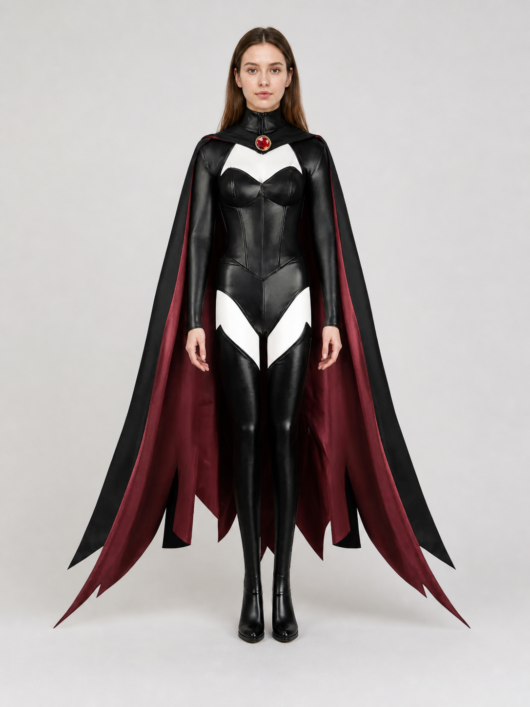 X-Men cosplay costume with cape in a black and burgundy color scheme. The set includes a one-piece costume and a cape, combined into a striking look for role-play transformations and themed events, including Halloween. The design features a