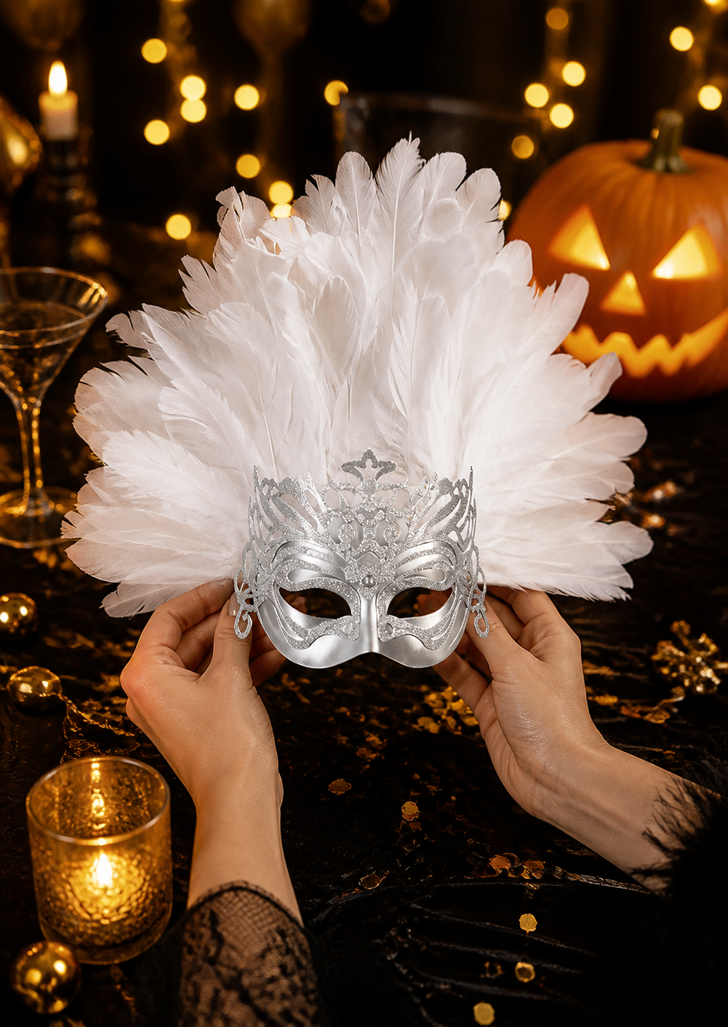 1pc White Feather Mask with Silver Lace Hollow Out, Crown Headdress for Vintage on-model view