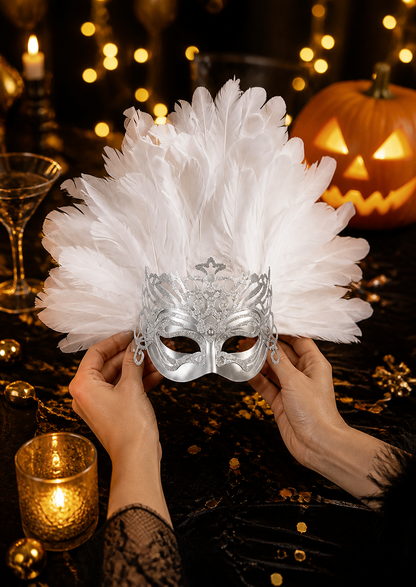 1pc White Feather Mask with Silver Lace Hollow Out, Crown Headdress for Vintage on-model view