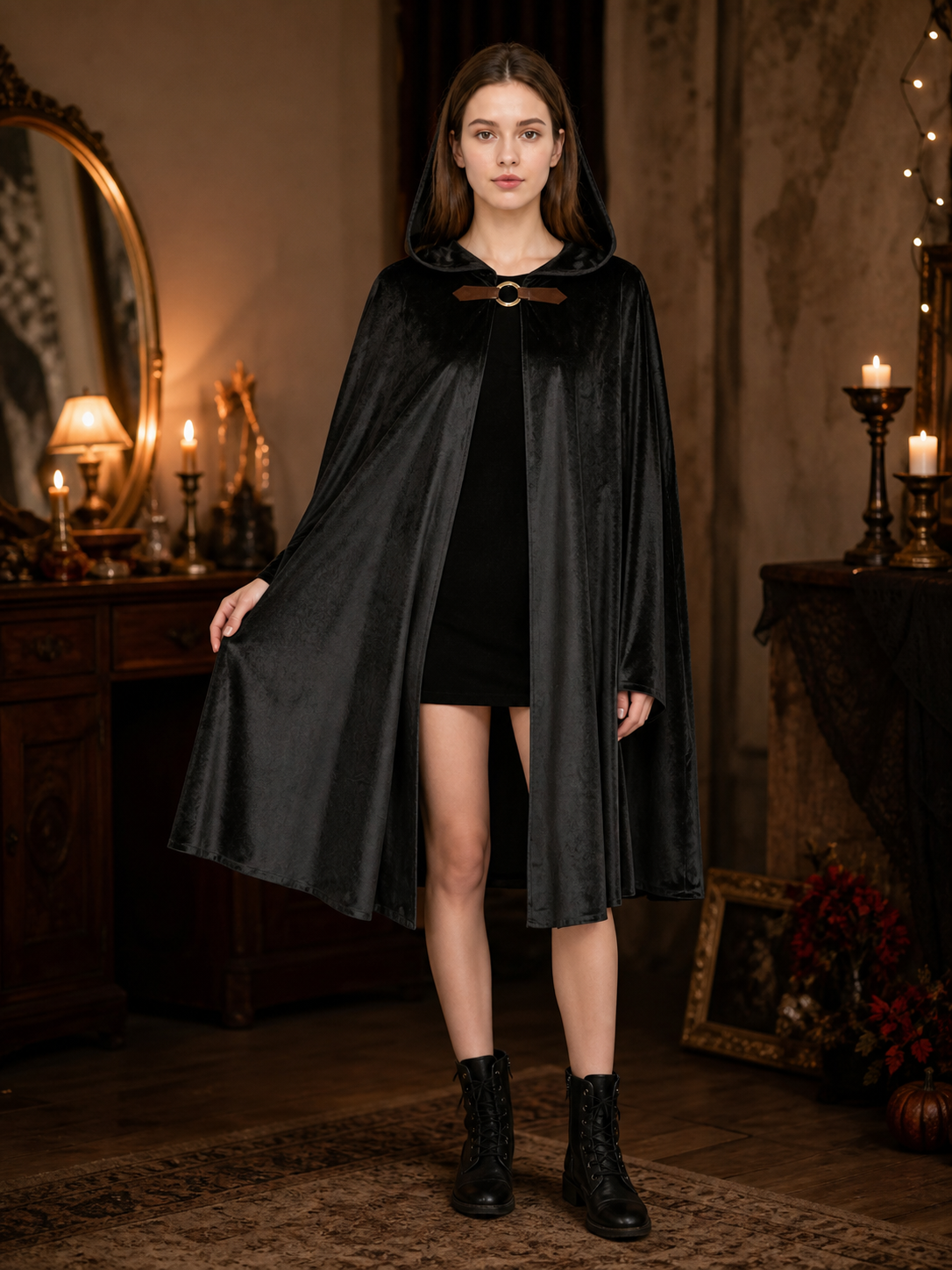 Medieval Warrior Halloween Hooded Cape Costume, 1-Piece Long Black Cloak With Brown Neck Buckle For Cosplay Performance