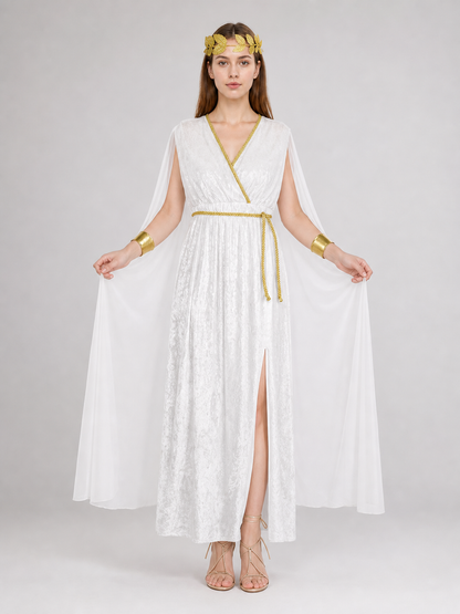 Women’s Greek Goddess Costume Dress, 4-Piece White Draped Outfit with Cape Panels, Leaf Crown Headband and Gold Wrist Cuffs for Cosplay Parties