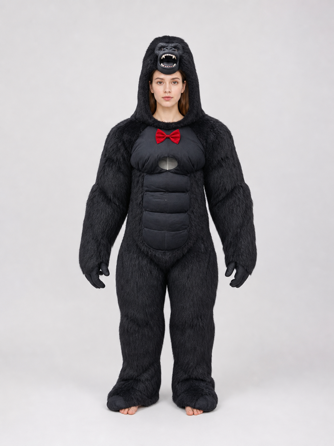 Inflatable gorilla costume with a red bow tie