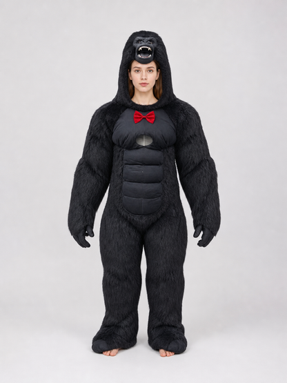 Inflatable gorilla costume with a red bow tie
