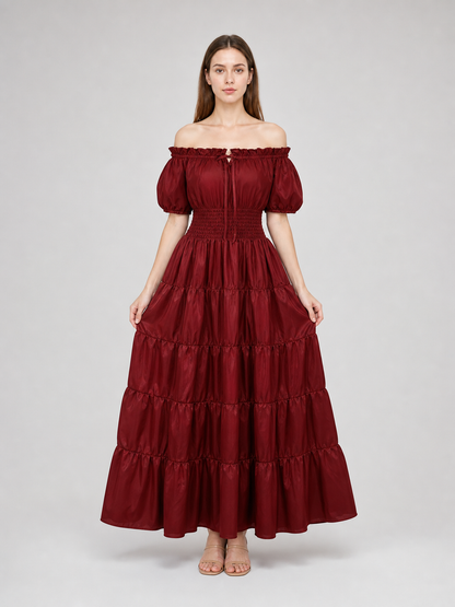 Wine Red Tiered Off-the-Shoulder Maxi Dress