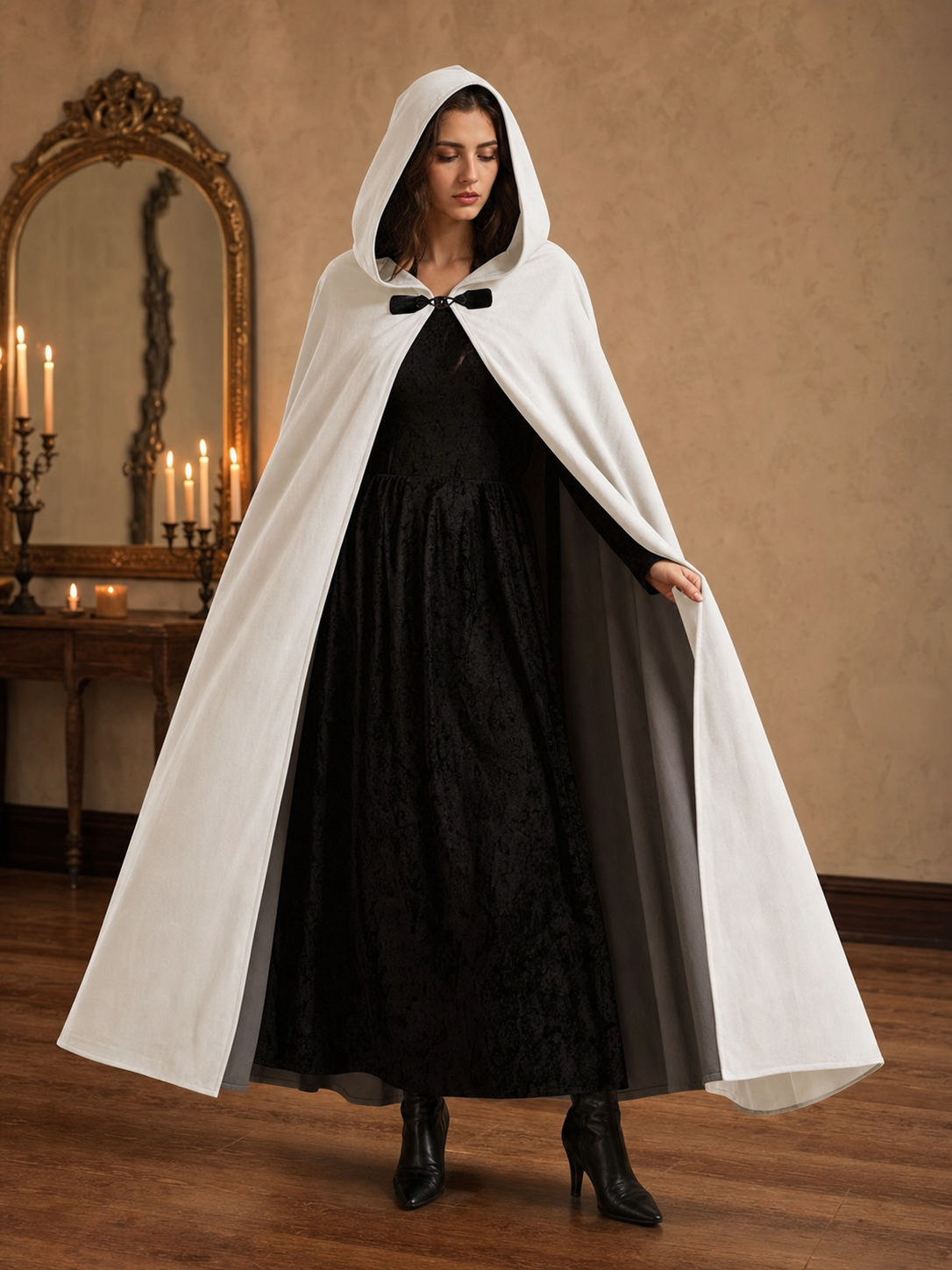 Medieval White Velvet Hooded Long Cloak Cape with Black Bow Tie Front Flared Hem on-model view