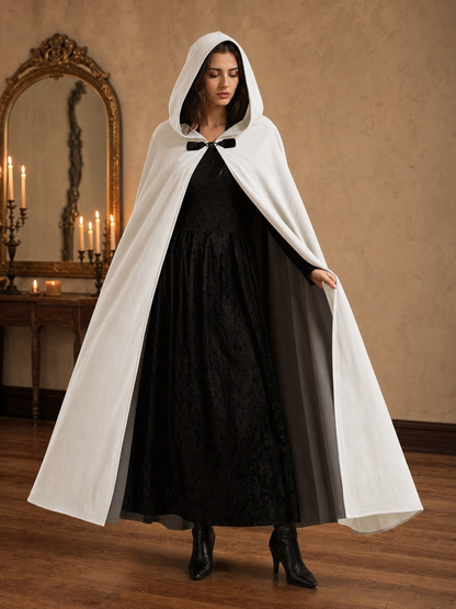 Medieval White Velvet Hooded Long Cloak Cape with Black Bow Tie Front Flared Hem on-model view