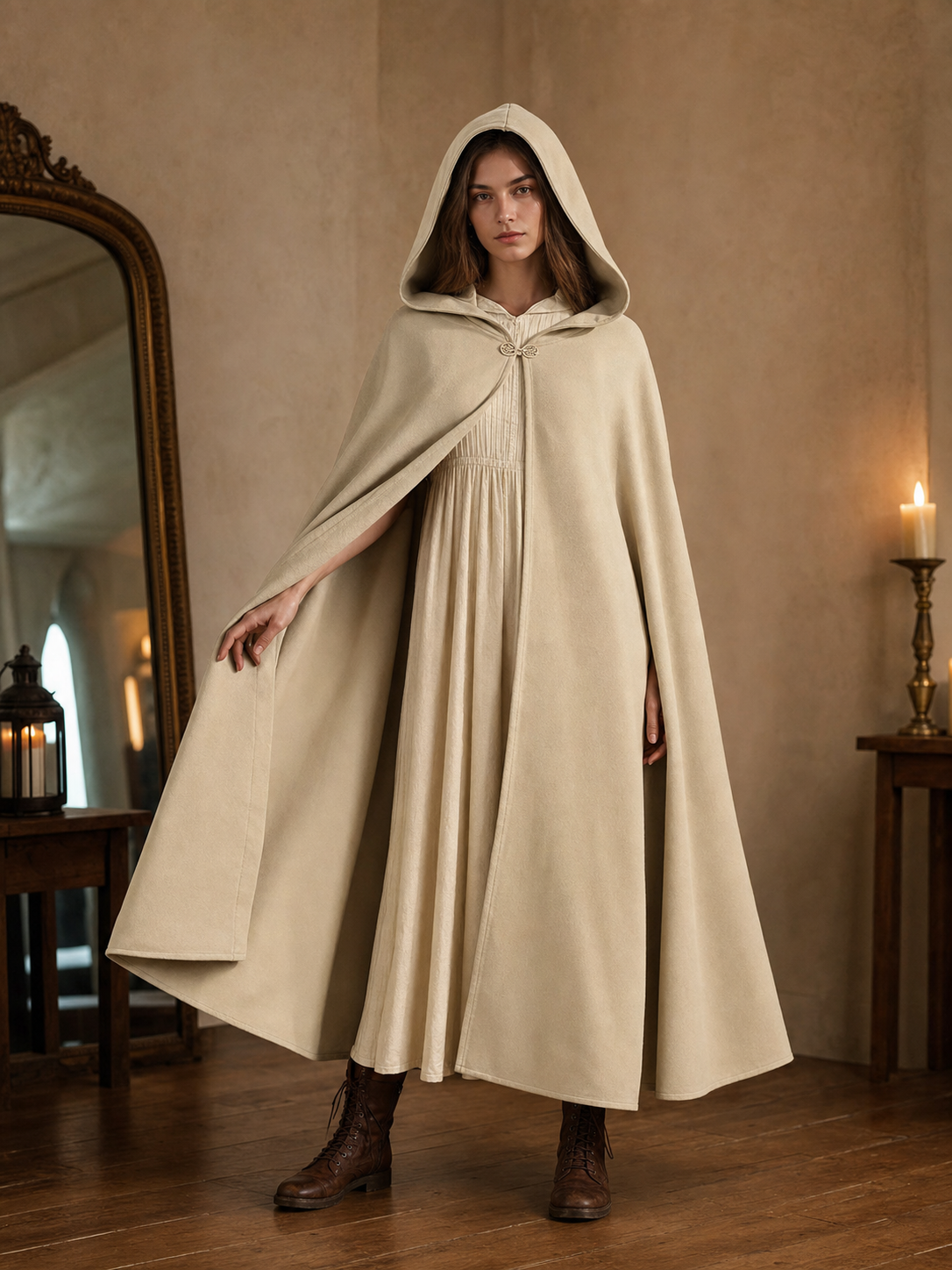 Medieval Hooded Cloak, Pointed Hood Full-Length Draped Cape in Khaki for Cosplay, Fantasy Costumes and Historical-Style Outdoor Outfits