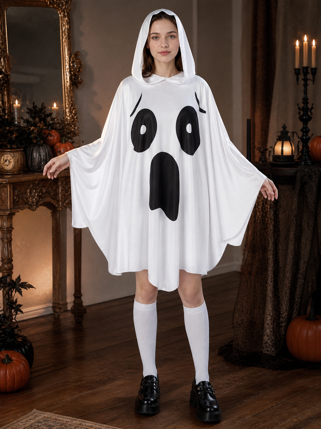 Ghost Halloween Costume Poncho with Attached Hood, Wide Draped Sleeves, Open Mouth Graphic and Spooky Face Design for Costume Events