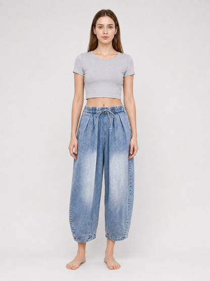 Wide-Leg Denim Pants with Elastic Waistband and Drawstring