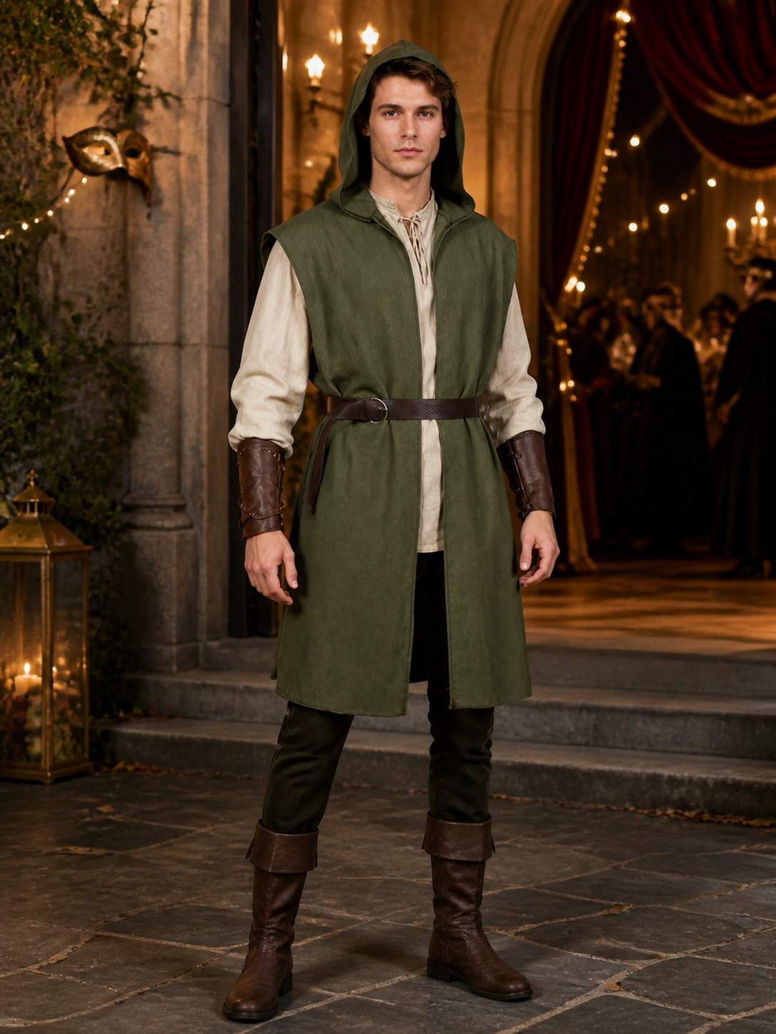 Medieval Fantasy Role Play Costume Set, 2-Piece Olive Green Hooded Sleeveless on-model view 3