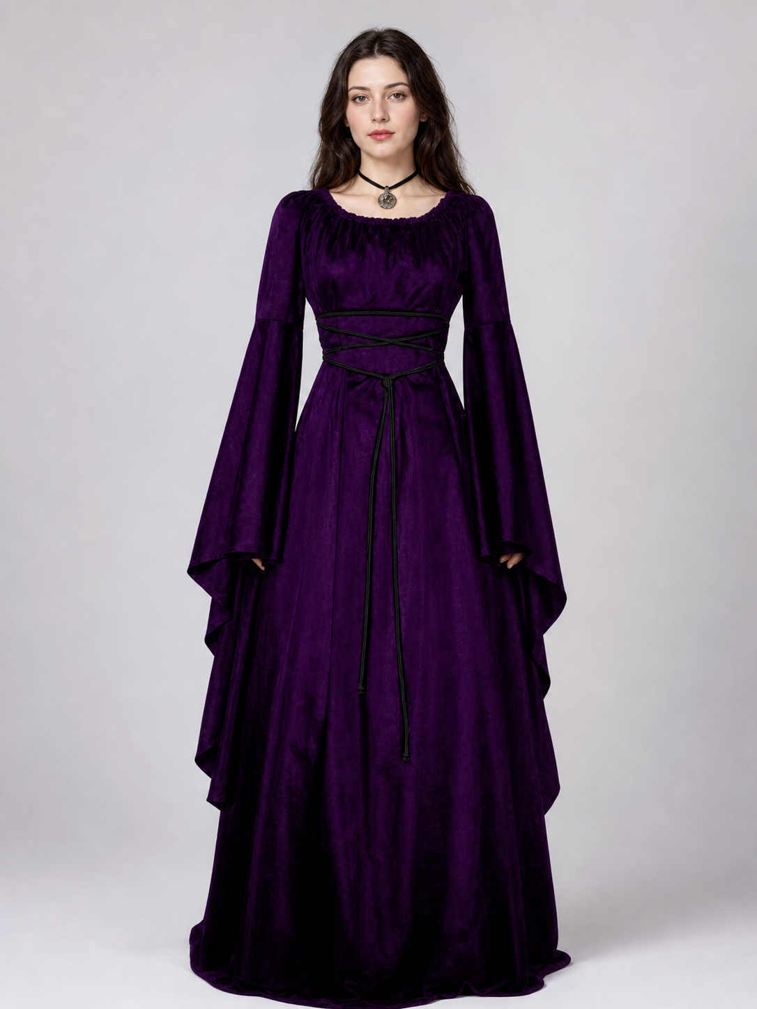 Floor-Length Gothic-Style Dress with Flared Sleeves