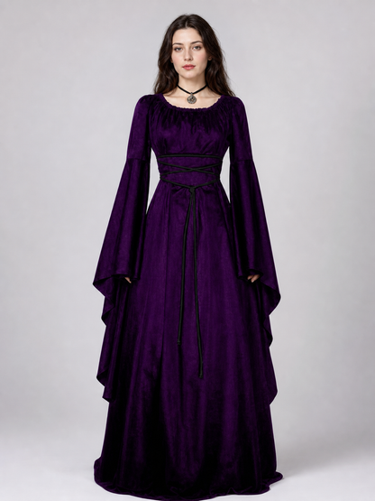 Floor-Length Gothic-Style Dress with Flared Sleeves