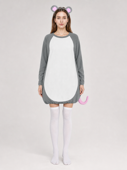 Adult Gray Mouse Costume Set with White Belly, Pink Tail and Mouse-Ear Headband for Costume Parties, Cosplay and Themed Events