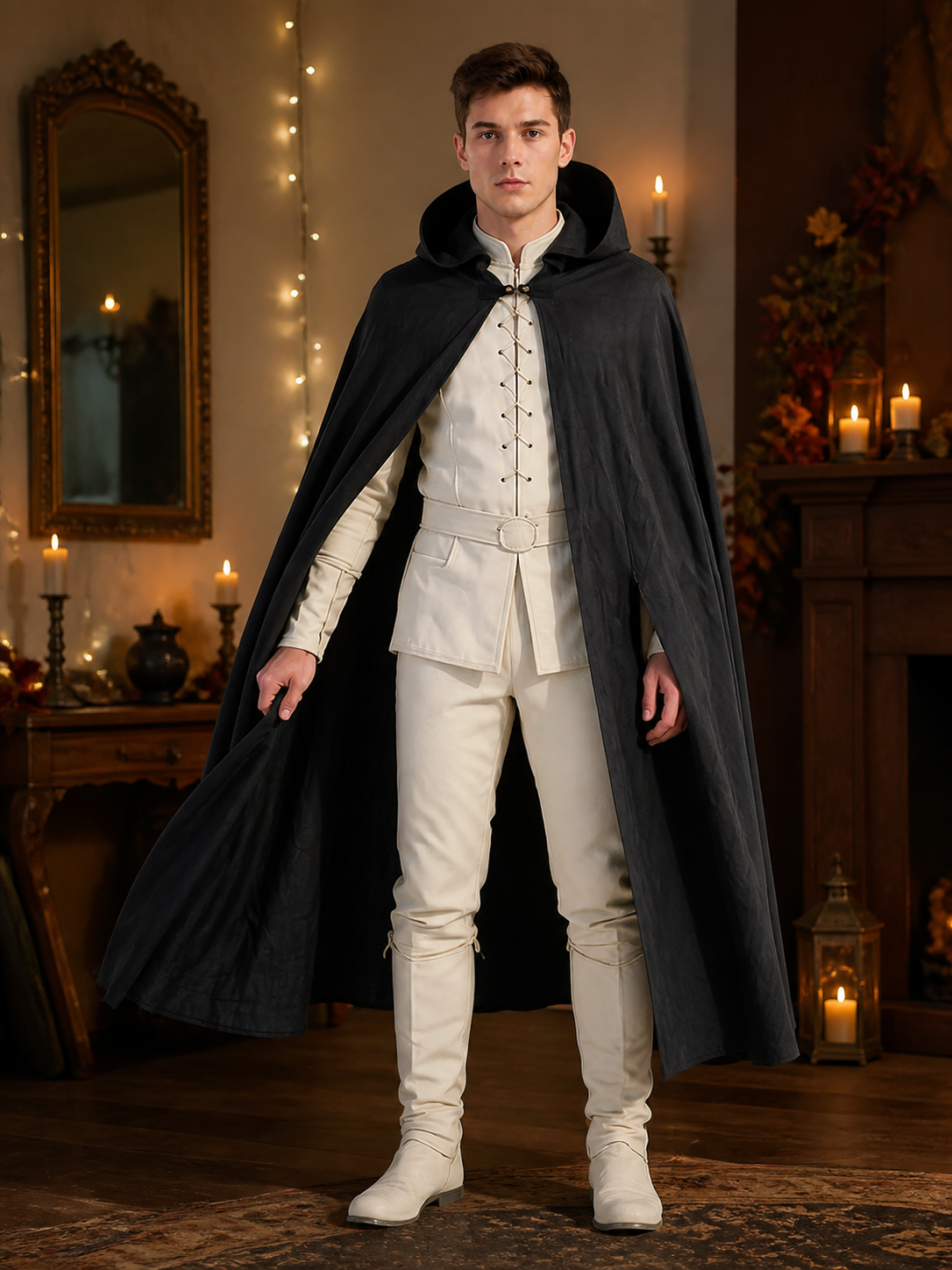Black Long Hooded Cotton-Linen Cloak on-model view