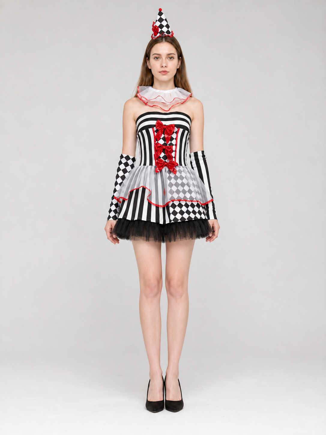 Clown Carnival Costume: Dress, Gloves, and Cap