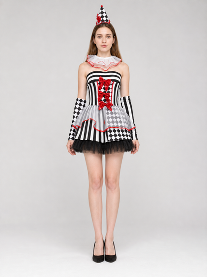 Clown Carnival Costume: Dress, Gloves, and Cap