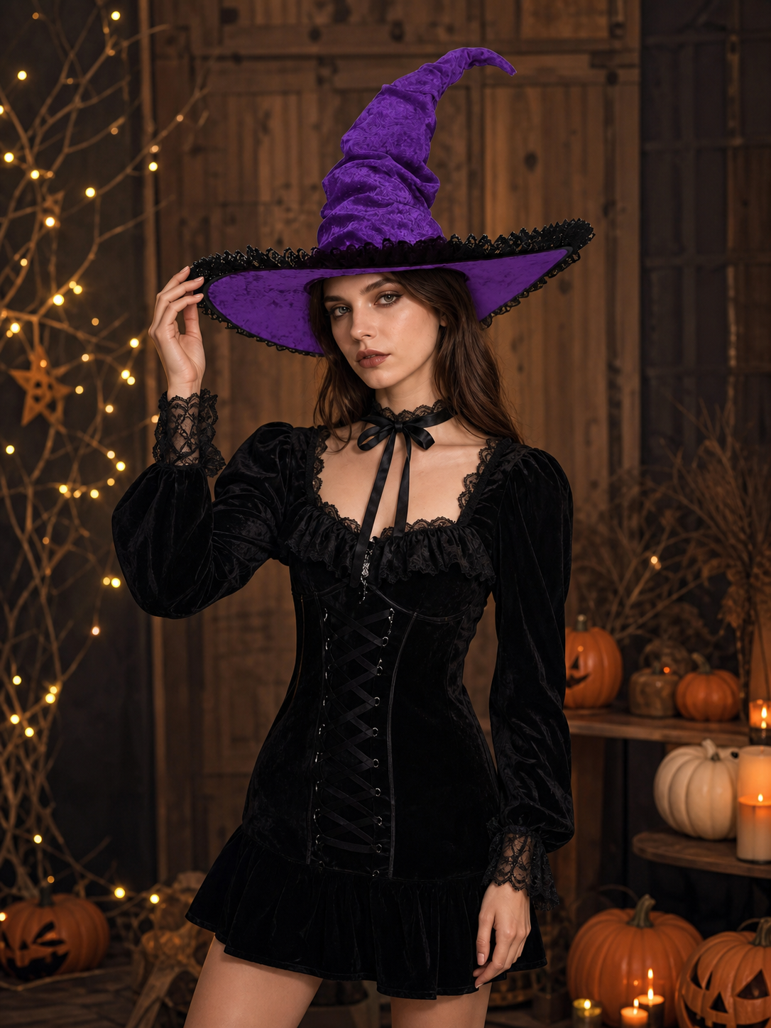 Purple Halloween Witch Hat Pointed Wide Brim Gothic Costume Accessory With Black Lace-Like Trim For Cosplay Themed Parties