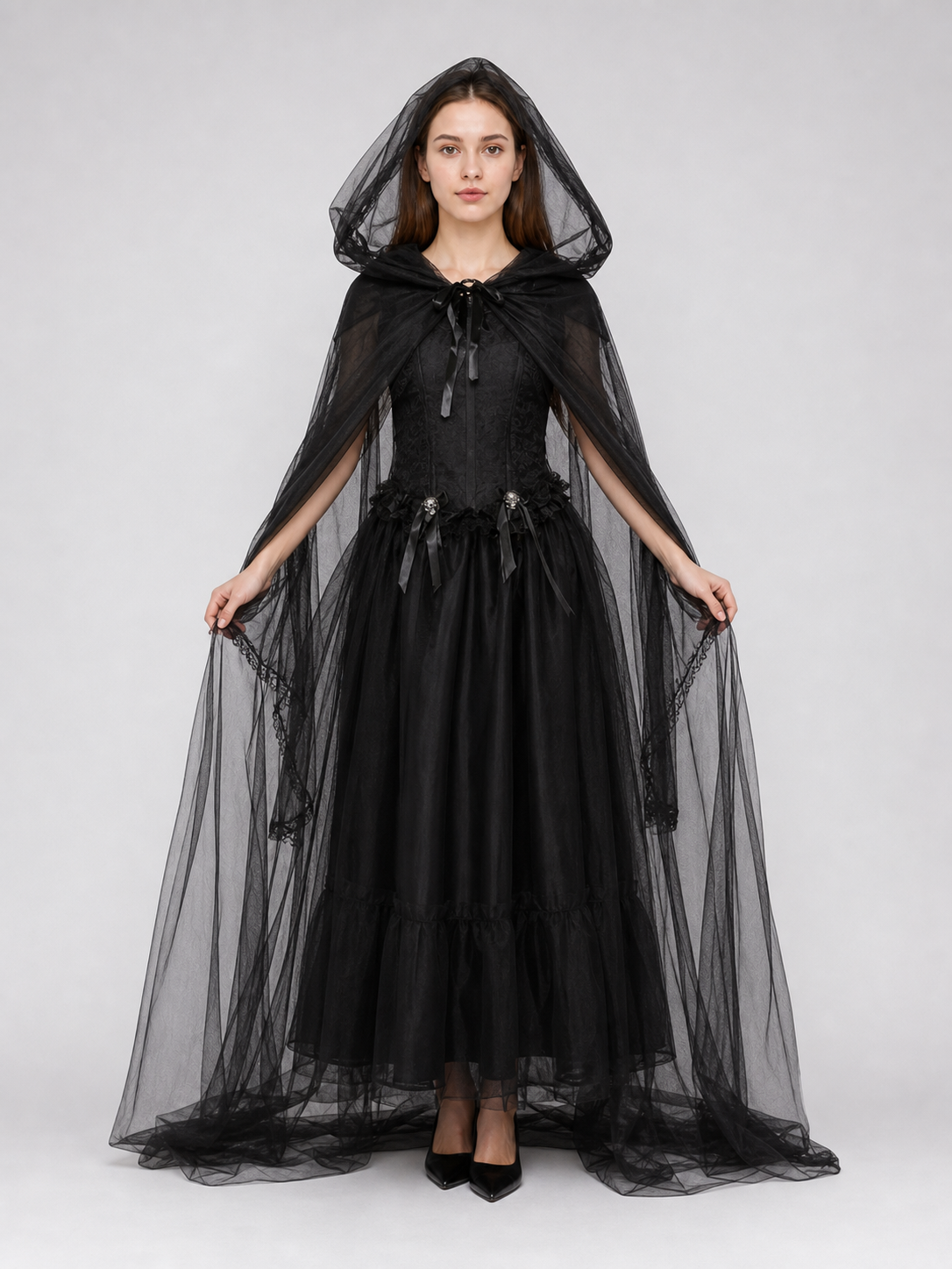 Vampire Costume: Long Hooded Dress with Cape
