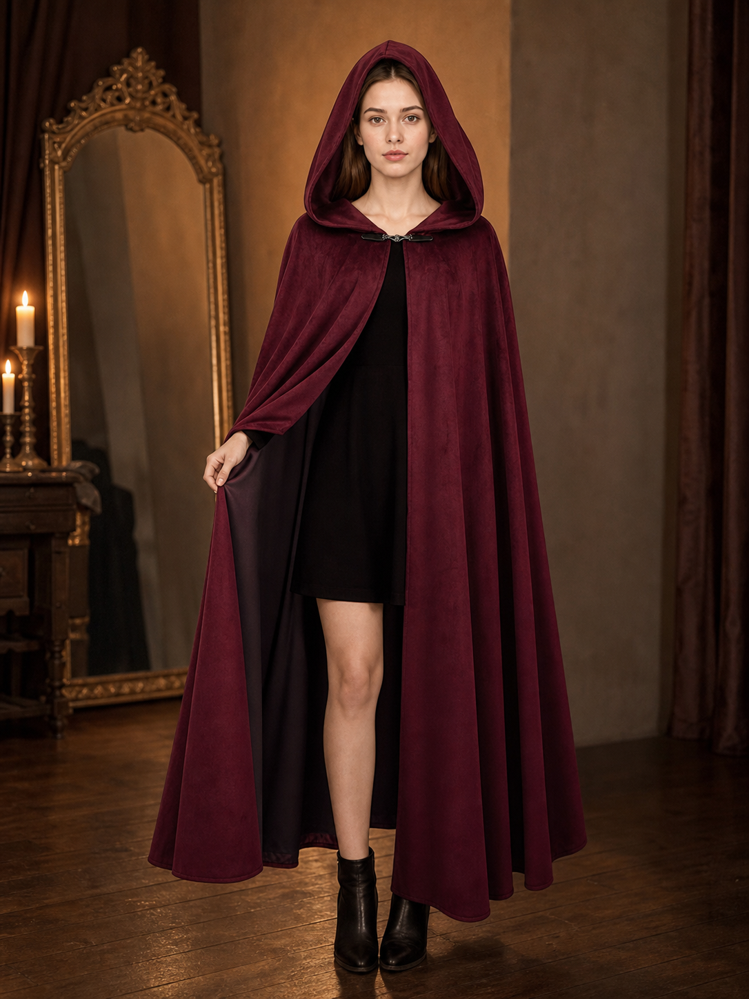 Long burgundy carnival cloak with hood