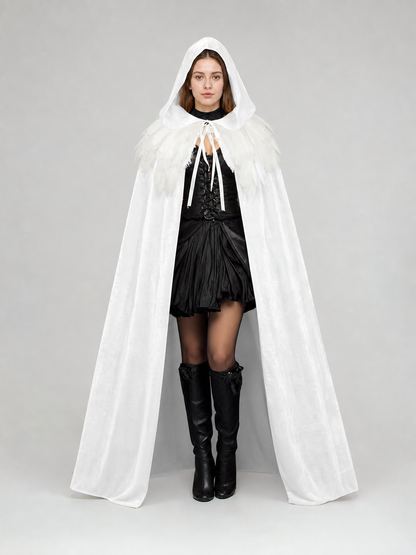 Velvet Hooded Feather Cape with Ties