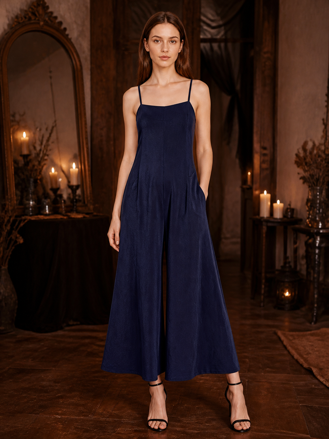 Dark blue wide-leg jumpsuit with thin straps and side pockets, modeled with heeled sandals in a candlelit room