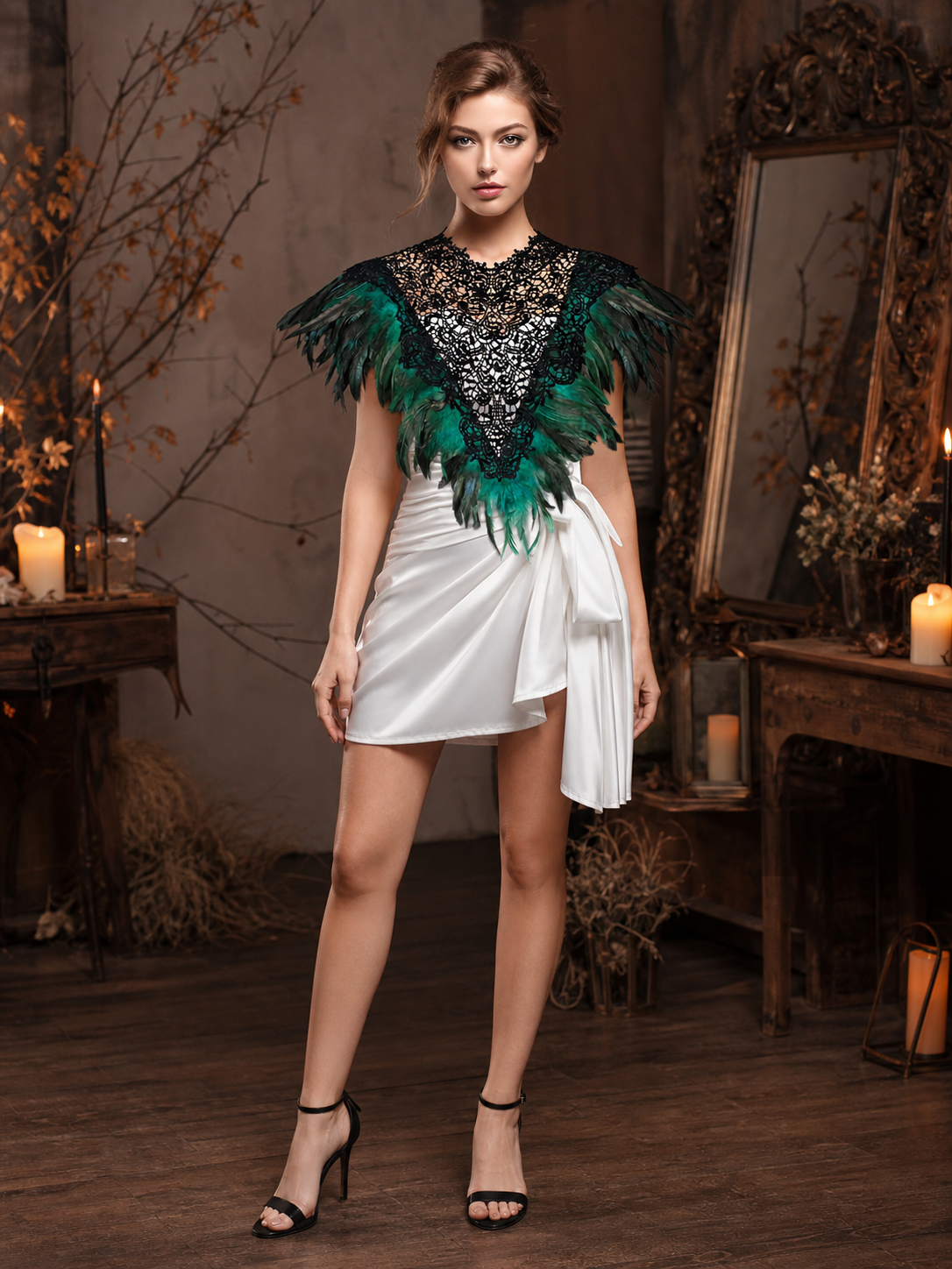 Front view of a short black lace cape with green and dark feather trim, worn with a white dress in a candlelit room