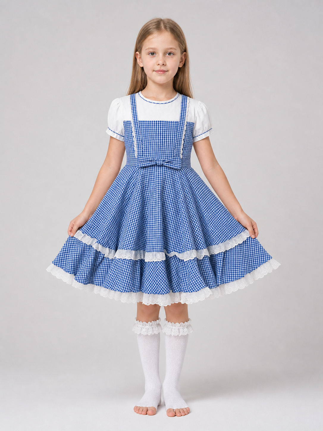 Retro-style plaid dress with socks and bows