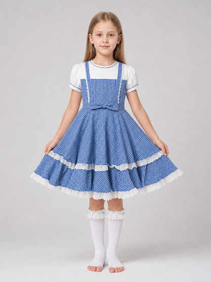 Retro-style plaid dress with socks and bows