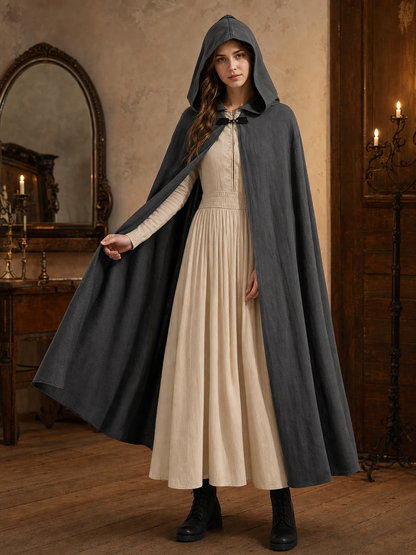 Adult Fantasy Hooded Cape, Long Dark Gray Cloak With Front Tie Closure, Wide on-model view 2