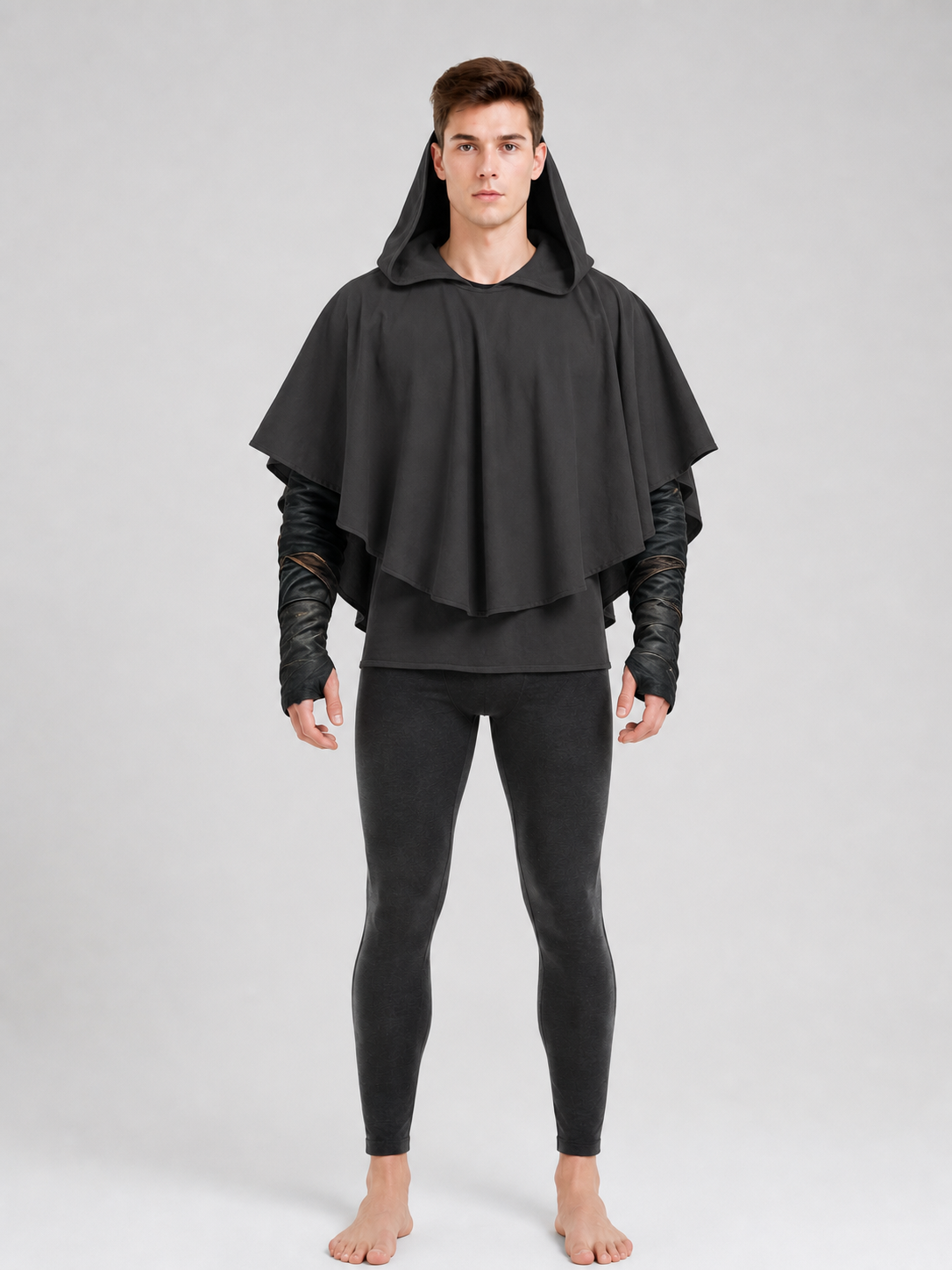 Dark Medieval Fantasy Hooded Cloak Gray Loose-Fitting Cape-Like Poncho With Oversized Hood For Cosplay Role-Playing Attire