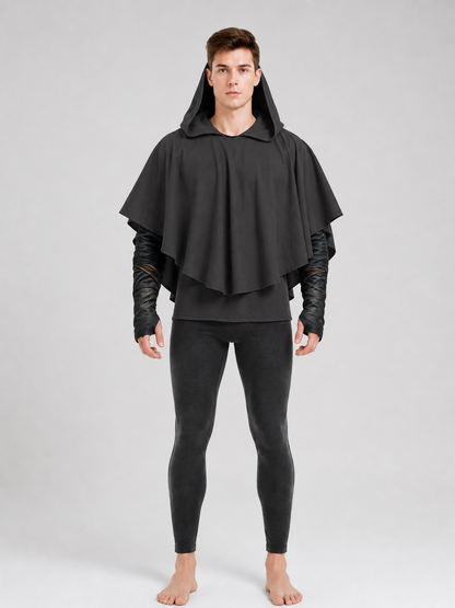 Dark Medieval Fantasy Hooded Cloak Gray Loose-Fitting Cape-Like Poncho With Oversized Hood For Cosplay Role-Playing Attire