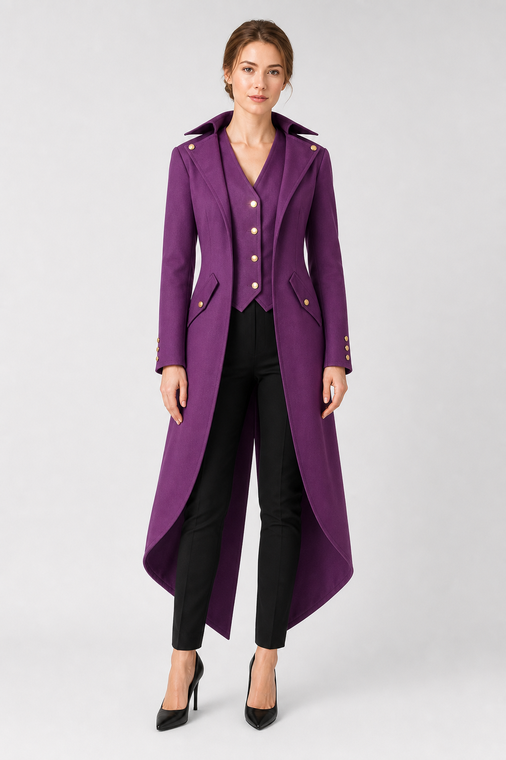Purple carnival tailcoat with gold buttons