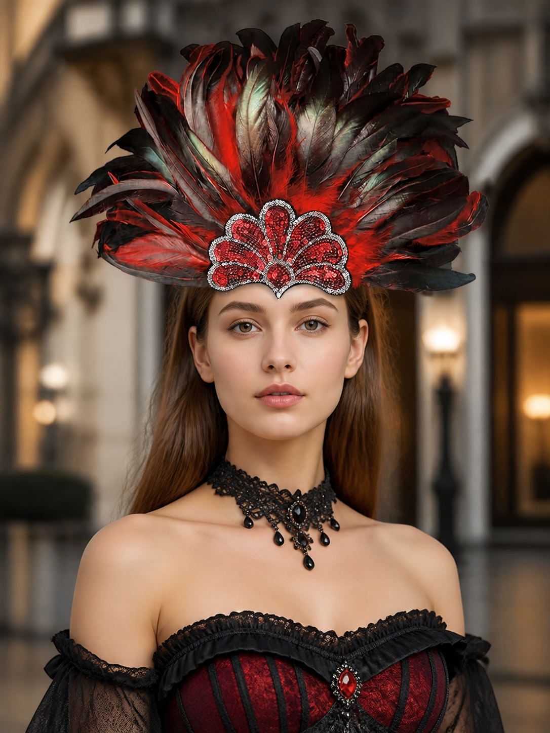 Red and black feather carnival headpiece product view 20